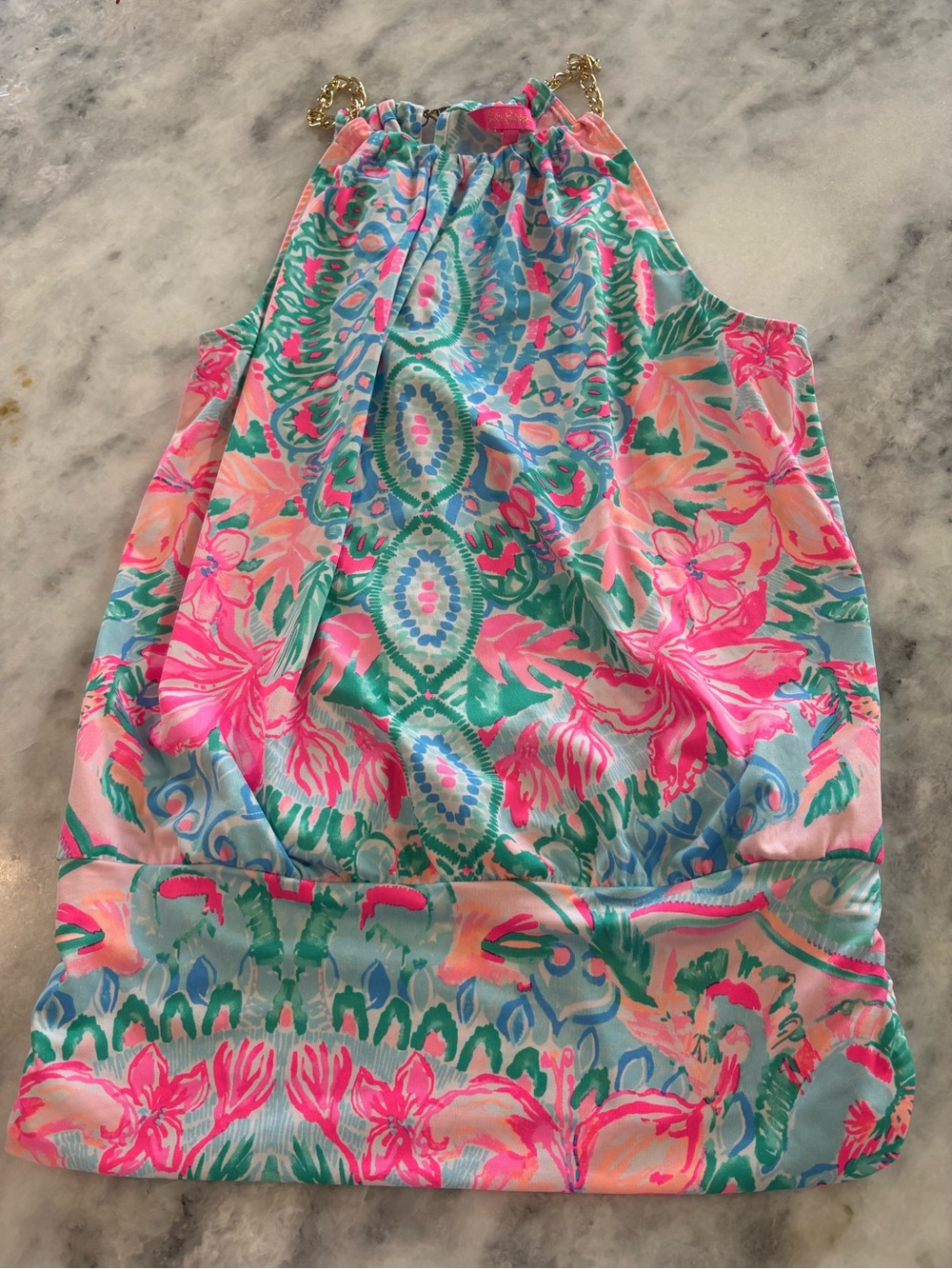 Lilly Pulitzer Pink Teal Floral Chain-Strap Halter Tank